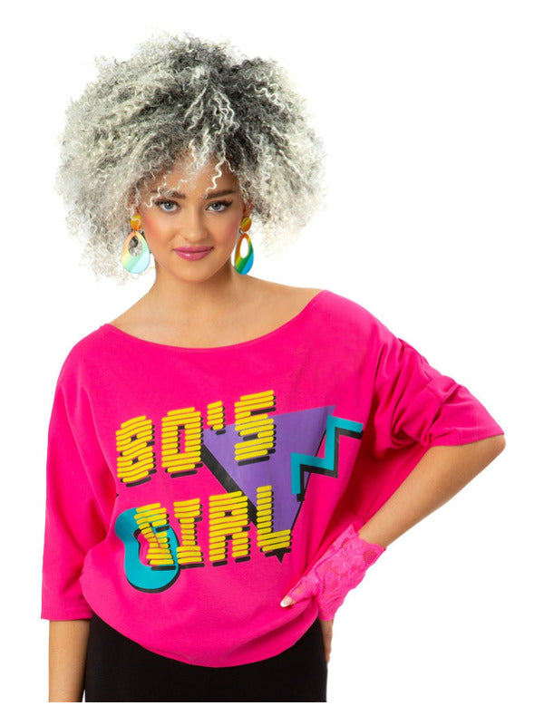 80s Girl Bat Wing TShirt Neon Pink Printed