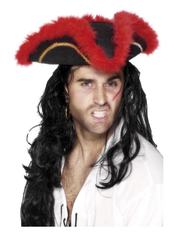 Pirate Tricorn Hat Red Feather Black