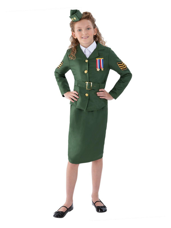 Kids WW2 Army Girl Costume Khaki Green