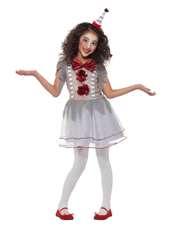 Kids Vintage Clown Girl Costume Grey Red