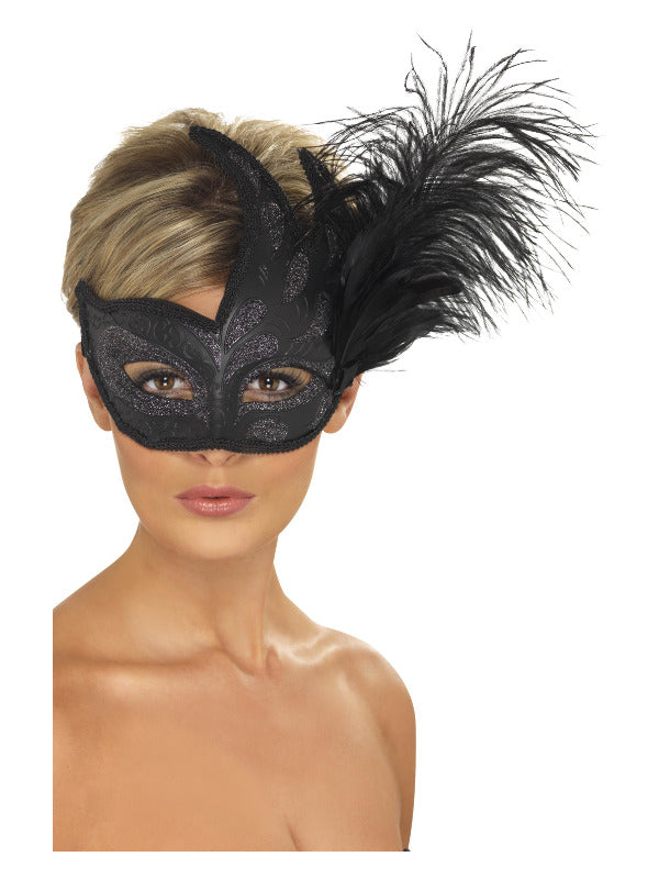 Ornate Colombina Feather Mask Black