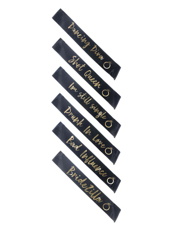 Hen Party Funny Sashes 6Pk Black Gold
