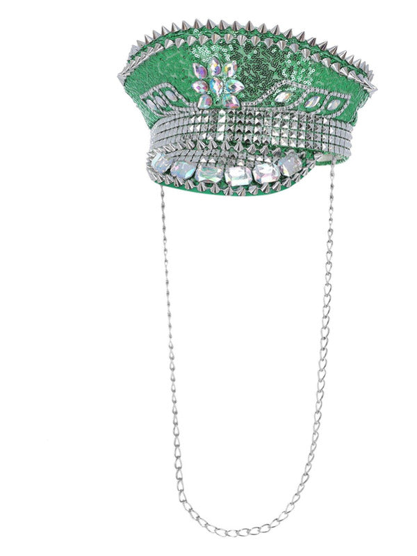Fever Deluxe Sequin Studded Captains Hat Green