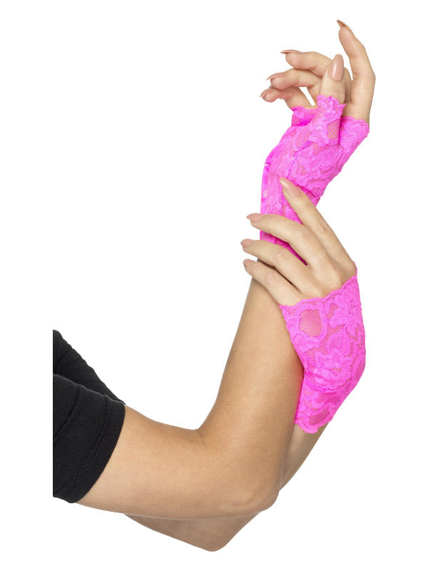 80s Fingerless Lace Gloves Neon Pink
