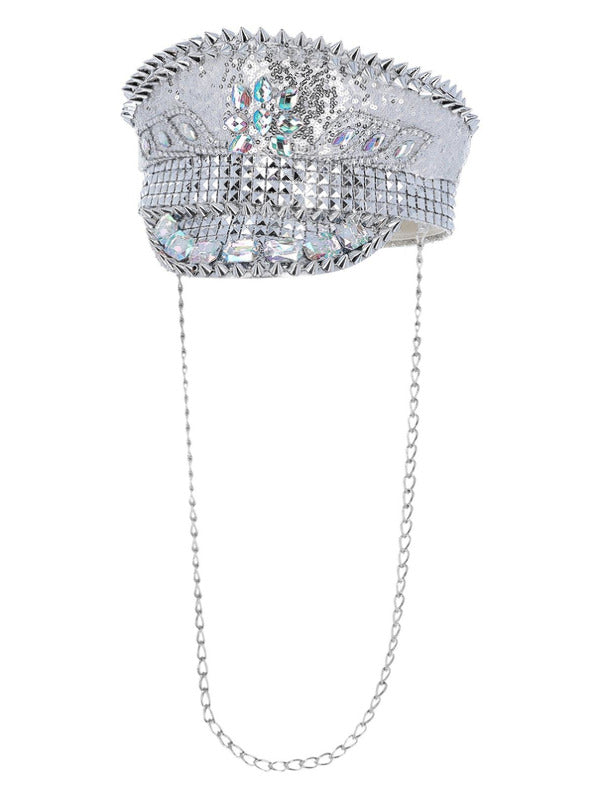 Fever Deluxe Sequin Studded Captains Hat Silver