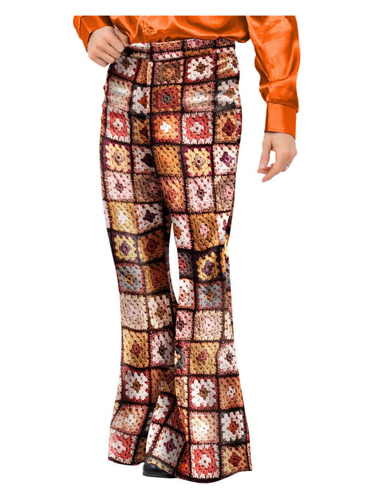 Mens 60s Vintage Crochet Print Flared Trousers