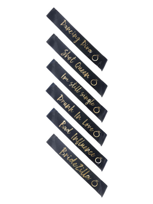Hen Party Funny Sashes 6Pk Black  Gold
