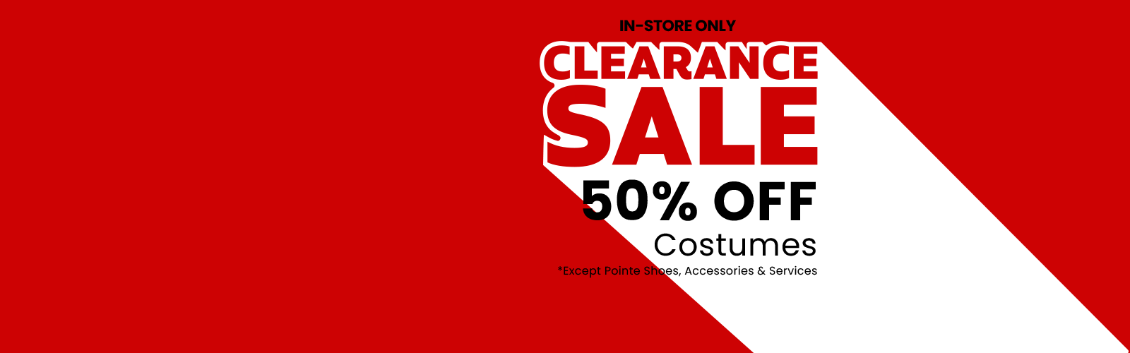 Clearance sale banner with 50% off costumes on a red and white background