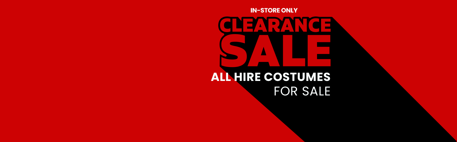 Clearance sale banner for hire costumes on a red and black background