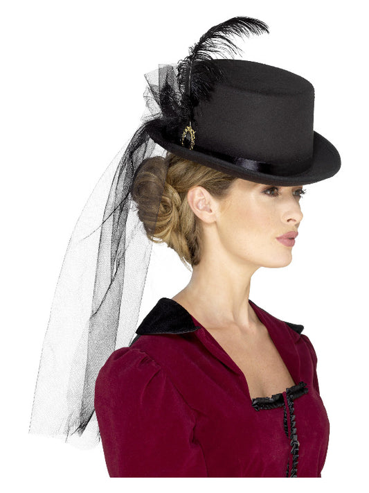 Deluxe Ladies Victorian Top Hat with Elastic Bla